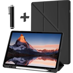 M.tk moveteck Samsung Galaxy Tab A8 10.5 SM-X200 Kılıf Kalem Bölmeli Yumuşak Silikon Kapak Akıllı Uyku Modlu Üçgen Standlı + Dokunmatik Kalem 2'li Set