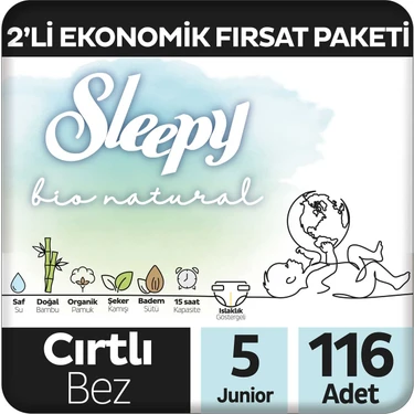 Sleepy Bio Natural 2'li Ekonomik Fırsat Paketi Bebek Bezi 5 Numara Junior 116