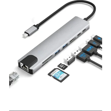 Macbook Pro/air Uyumlu USB Type-C 8 In 1 Hub Dönüştürücü Çevirici Çoklayıcı USB Hdmı Micro Sd 8