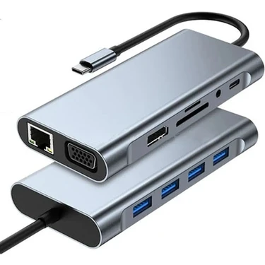 Ocado 11 In 1 Type-C To USB Hub Port Uyumlu Adaptör Hdmı 4x USB Lan VGA Sd Card Çevirici