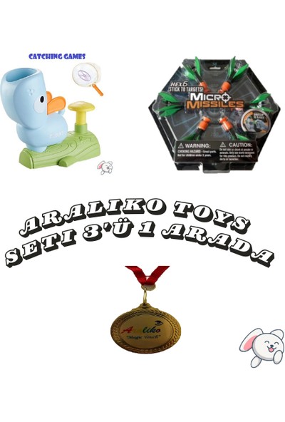 Özel Araliko Toys Seti 3'ü 1 Arada (Catching Games Mavi Köpek Uçan Disk Yakalama Oyunu +Micro Missiles Parmak Sapanı 6'lı Hex6 +Araliko Madalyası)