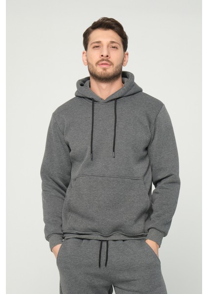 Four Man Erkek Antrasit Gri Standart Fit Normal Kesim Içi Polarlı 3 Iplik Kapüşonlu Fermuarlı Sweatshirt