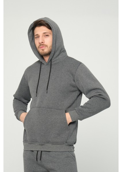 Four Man Erkek Antrasit Gri Standart Fit Normal Kesim Içi Polarlı 3 Iplik Kapüşonlu Fermuarlı Sweatshirt