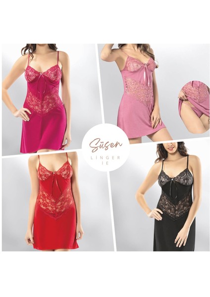 Süsen Lingerie 2 Parça Kırmızı Renk Ip Askılı Dantelli Fantezi Kadın Gecelik Seti