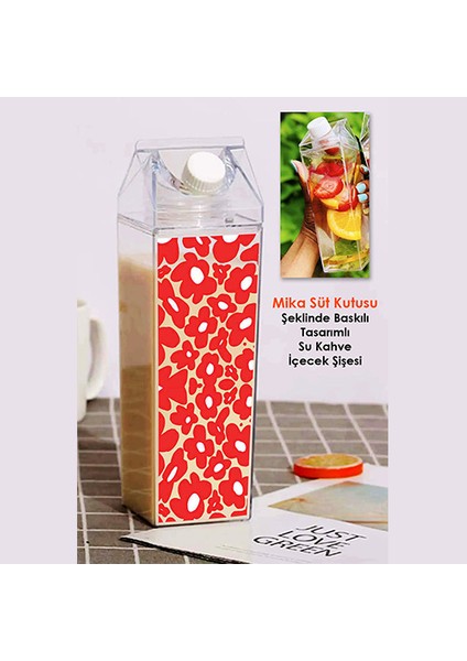 Papatya Baskılı Mika Süt Kutusu Çiçek Tasarımlı Su Kahve Içecek Şişesi - Cam Değildir - 500 ml