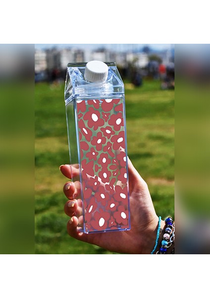Papatya Baskılı Mika Süt Kutusu Çiçek Tasarımlı Su Kahve Içecek Şişesi - Cam Değildir - 500 ml