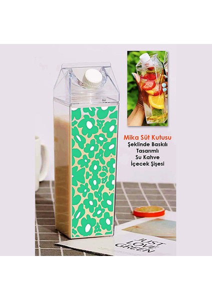 Papatya Baskılı Mika Süt Kutusu Çiçek Tasarımlı Su Kahve Içecek Şişesi - Cam Değildir - 500 ml