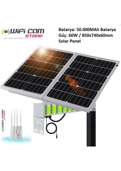 Lifepo4 Bataryalı 60 Watt Panelli Sim Kartlı Güneş Enerjili Dış Mekan Wifi Modem Seti
