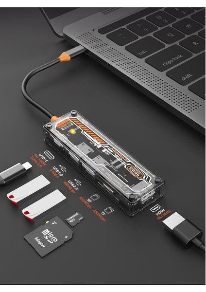 Şeffaf 6in1 Pd 100W Type-C Dönüştürücü Hub Type-C To 4K HDMI Usb3.0 Usb2.0 Sd Tf Dönüştürücü