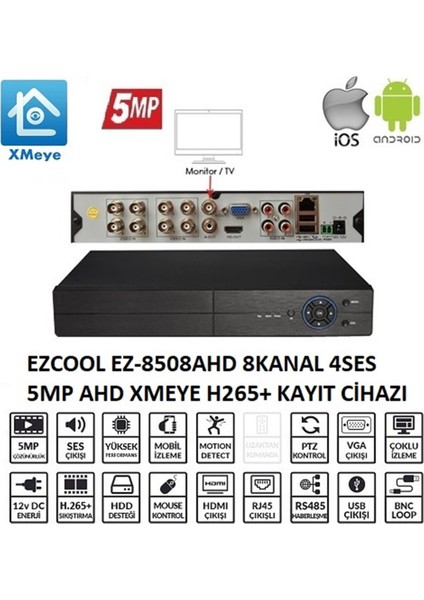EZ-8508AHD 8 KANAL 5 MP 1HDD XMEYE KAYIT CİHAZI