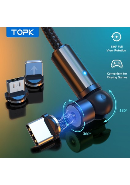 Topk AM68 540 Döndür Manyetik Mikro USB C Tipi Kablo Cep Telefonu Kabloları Şarj Kablosu iPhone Mi Şarj Cihazı Için Hızlı Hızlı Şarj (Yurt Dışından)