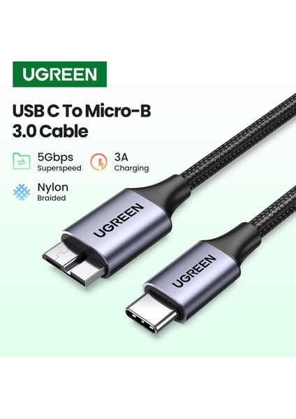 Ugreen USB C Mikro B 3.0 Kablosu 5 Gbps 3A Hızlı Veri Senkronizasyon Kablosu Macbook Sabit Disk HDD SSD Durumda USB Tip C Mikro B Kablo (Yurt Dışından)