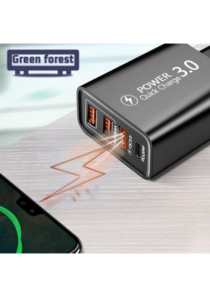 Yeşil Orman Cep Telefonu Adaptörü Çoklu Bağlantı Noktalı Duvar Adaptörü 3 USB ve C Tipi Şarj Bağlantı Noktası (Yurt Dışından)