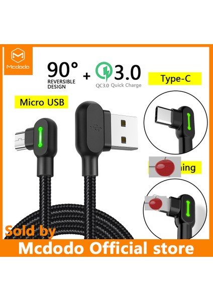 Mcdodo 1.2m 90°dirsek Derece Tasarım Yıldırım/tip-C/mikro USB Oyun Kablosu iphone ipad Ipod/huawei Xiaomi Samsung Vivo Oppo (Yurt Dışından)