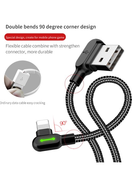 Mcdodo 1.2m 90°dirsek Derece Tasarım Yıldırım/tip-C/mikro USB Oyun Kablosu iphone ipad Ipod/huawei Xiaomi Samsung Vivo Oppo (Yurt Dışından)