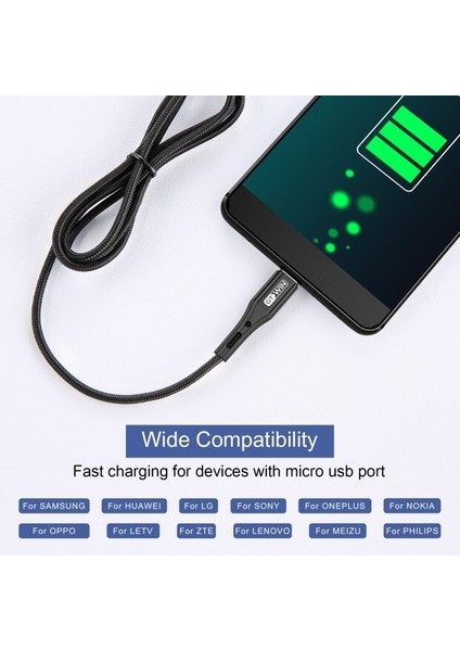 Gtwın Mikro USB Kablosu Huawei Mikro USB Kablosu 3A Hızlı Şarj Xiaomi Samsung Android Cep Telefonu Şarj Veri Kablosu (Yurt Dışından)