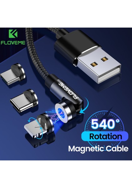 Floveme USB C Kablosu 540 Derece Tip C Döndür Manyetik Kablo Mıknatıs Şarj Cihazı Mikro USB Telefon Aksesuarları iPhone Xiaomi 11 (Yurt Dışından)