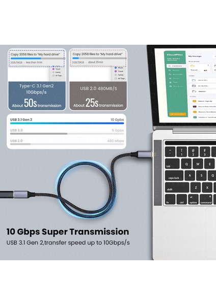 5A 100W Tip C 10GBPS Gen2 USB 3.1 Usb-C Tip-C Uzatma Veri Hızlı Şarj Kablosu Genişletici Kablosu Macbook Dizüstü Telefon Için (Yurt Dışından)