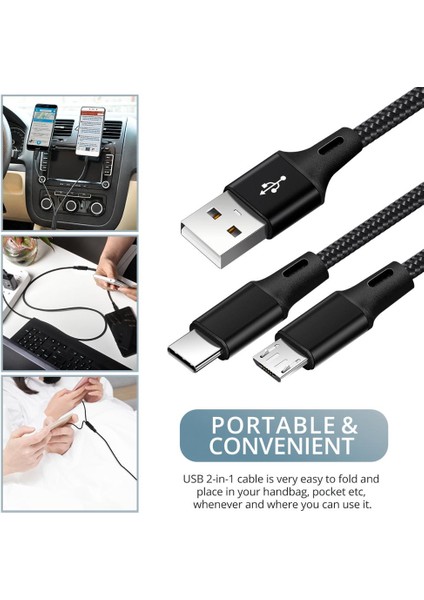 In 1 Mikro USB C Tipi Kablo Taşınabilir Çift Şarj Telefon Için USB Kablosu Android Mobil Güç Bankası Hızlı Şarj USB C Kablosu (Yurt Dışından)