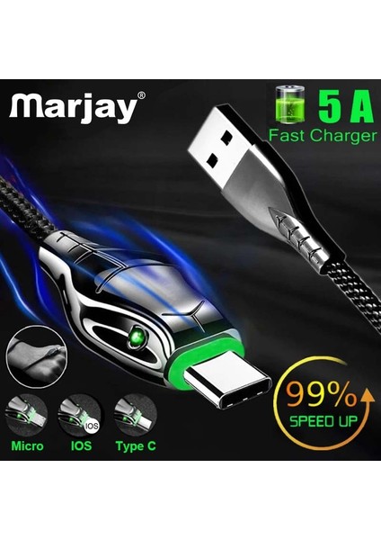 Marjay Şarj Kablosu Tipi C 5A Siyah Mamba Hızlı Şarj Kablosu Mikro USB Xiaomi Samsung Huawei Için Tel Iphone 11 12 13 (Yurt Dışından)