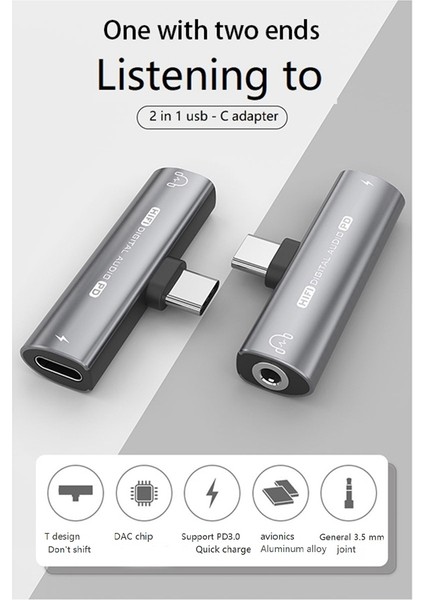 Tipi Kulaklık Adaptörü Mini 2'si 1 Arada Dönüştürücü Gri Alüminyum Alaşım + Tpe Çok Fonksiyonlu Dönüştürücü (Yurt Dışından)