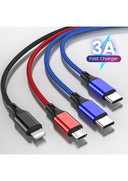 4'ü 1 Arada USB Kablosu 3'ü 1 Arada USB A'dan Mikro Usb'ye/tip C/8 Pinli Kablo iPhone Şarj Cihazı 3A Hızlı Şarj Kablosu iPhone 14 13 Xiaomi Için (Yurt Dışından)