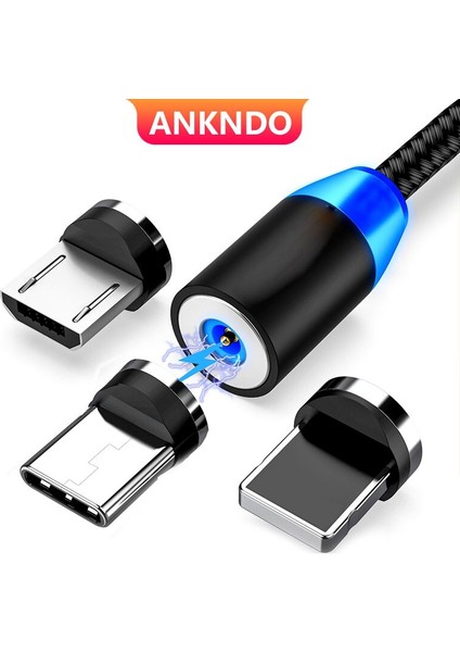 Ankndo Manyetik USB Kablosu Mıknatıs LED Mikro USB C Kablosu 1 M 2 M Hızlı Şarj Teli iPhone Xiaomi Cep Telefonu Şarj Cihazı C Tipi Kablo (Yurt Dışından)