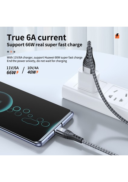 6A 66W USB Tip C Hızlı Şarj Veri Kablosu Naylon Örgü Huawei Xiaomi Poco M3 X3 Samsung Cep Telefonu Hızlı Şarj Kablosu (Yurt Dışından)