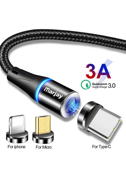 Marjay Manyetik Mikro USB Kablosu iphone Samsung Xiaomi USB Tip C 3A Hızlı Şarj Mıknatıs Şarj Adaptörü Cep Telefonu Kabloları (Yurt Dışından)