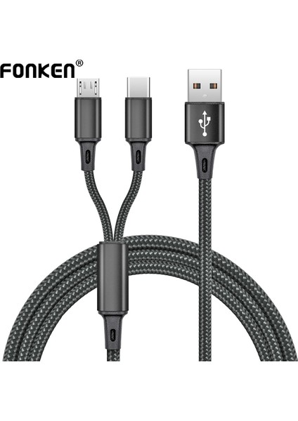 Fonken 2ın1 USB Kablosu Bölünmüş Cep Telefonu Şarj Aleti Kablosu Mikro USB Tip C Kablo Xiaomi Samsung Android Telefon Kablosu Hızlı Şarj (Yurt Dışından)