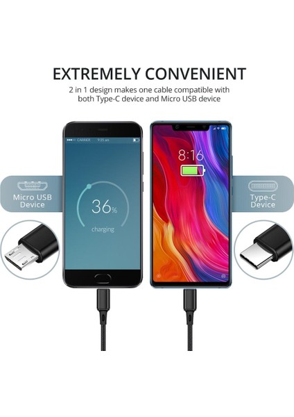Fonken 2ın1 USB Kablosu Bölünmüş Cep Telefonu Şarj Aleti Kablosu Mikro USB Tip C Kablo Xiaomi Samsung Android Telefon Kablosu Hızlı Şarj (Yurt Dışından) modelleri