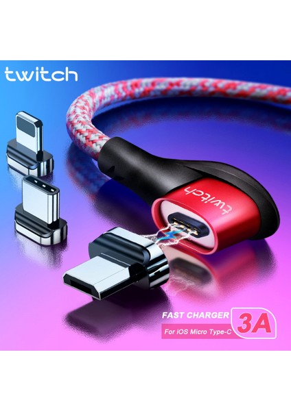 Twitch Manyetik Mikro USB Kablosu Tip C 90 Derece USB C Kablosu Samsung Xiaomi iphone Manyetik Şarj Cihazı Hızlı Şarj Veri Kablosu (Yurt Dışından)