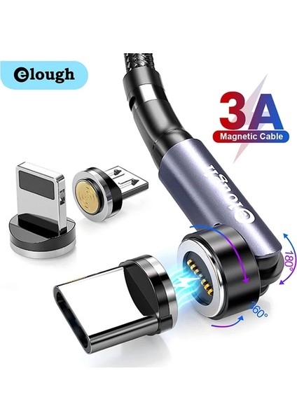 Elough 3A Hızlı Şarj Manyetik Kablo 540 Döndür Mıknatıs Şarj Cihazı iPhone Huawei Cep Telefonu Mikro USB C Tipi Veri Kablosu Kablosu (Yurt Dışından)