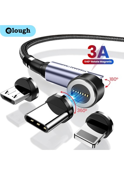 Elough 3A Hızlı Şarj Manyetik Kablo 540 Döndür Mıknatıs Şarj Cihazı iPhone Huawei Cep Telefonu Mikro USB C Tipi Veri Kablosu Kablosu (Yurt Dışından)
