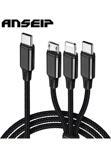 Anseıp Naylon USB C Tipi Kablo 3'ü 1 Arada Pd Hızlı Şarj Kablosu 3A Hızlı Şarj USB Kablosu iPhone 11 12 Pro Xiaomi Redmi 10 Huawei (Yurt Dışından)