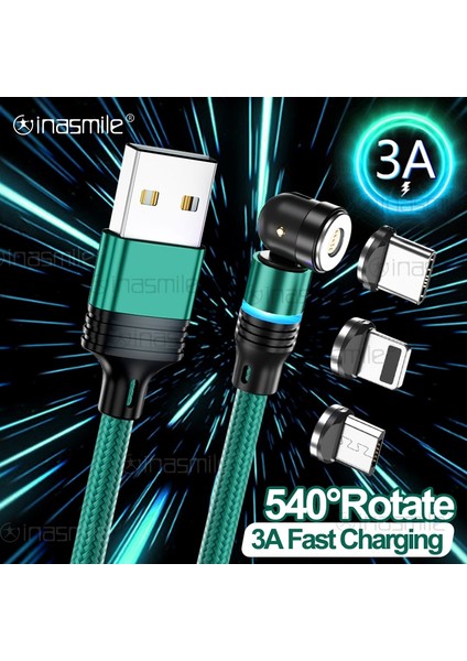 540 Derece Dönen Manyetik 3A Mikro USB C Tipi Telefon Hızlı Şarj Kablosu iPhone Samsung Xiaomi Için Şarj Kablosu Kablosu Veri Teli (Yurt Dışından)