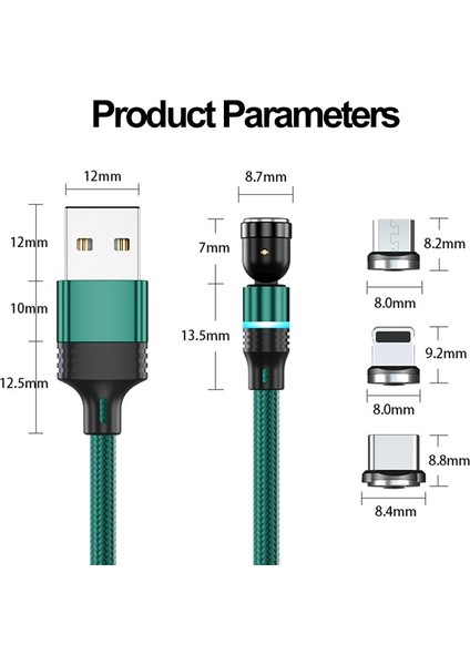 540 Derece Dönen Manyetik 3A Mikro USB C Tipi Telefon Hızlı Şarj Kablosu iPhone Samsung Xiaomi Için Şarj Kablosu Kablosu Veri Teli (Yurt Dışından)