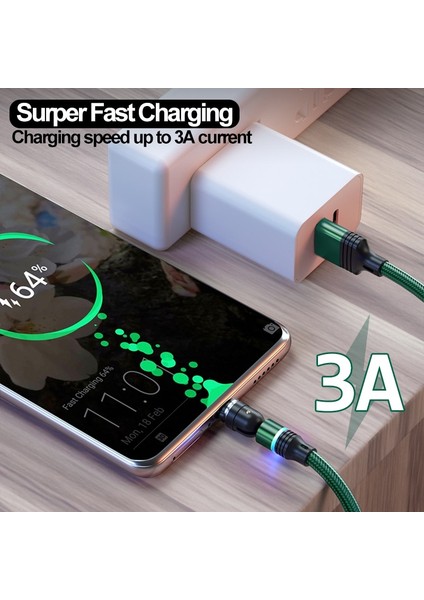 540 Derece Dönen Manyetik 3A Mikro USB C Tipi Telefon Hızlı Şarj Kablosu iPhone Samsung Xiaomi Için Şarj Kablosu Kablosu Veri Teli (Yurt Dışından)