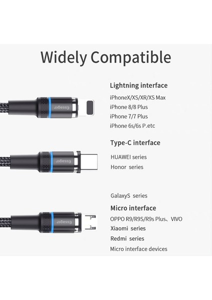 Essager 3 In1 Manyetik Kablo iPhone Xiaomi Için Hızlı Şarj Mıknatıs Şarj Cihazı USB Mikro Şarj Kablosu C Tipi Cep Telefonu Kablosu Tel (Yurt Dışından)