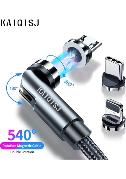 Kaıqısj 540 Döndür Manyetik Kablo Usb-C Manyetik Şarj Cihazı Mikro USB C Tipi Kablo Cep Telefonu Kablosu iPhone Xiaomi Poco Huawei (Yurt Dışından)