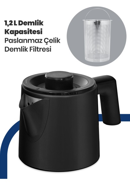 Akasya Siyah Xl 2200 Watt Patentli Damlatmayan Tasarımı Paslanmaz Çelik Çay Makinesi ve Su Isıtıcısı