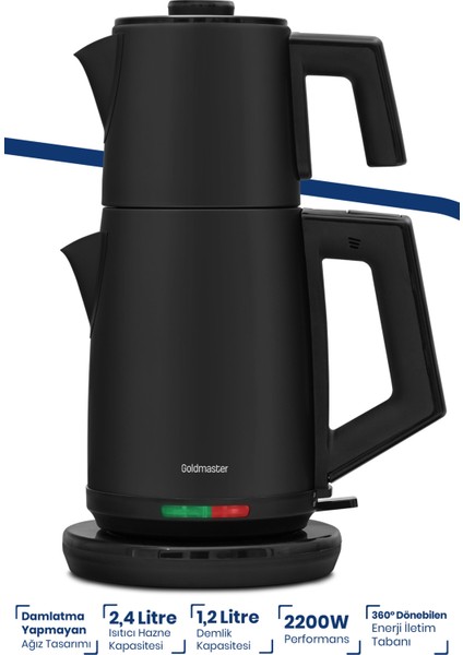 Akasya Siyah Xl 2200 Watt Patentli Damlatmayan Tasarımı Paslanmaz Çelik Çay Makinesi ve Su Isıtıcısı