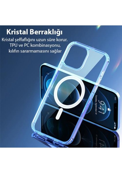 Güçlü Magsafe Sararmaz Kristal Şeffaf Apple iPhone 15 Pro Kılıf Parmak Izi Bırakmaz Tpu+Pc Kılıf