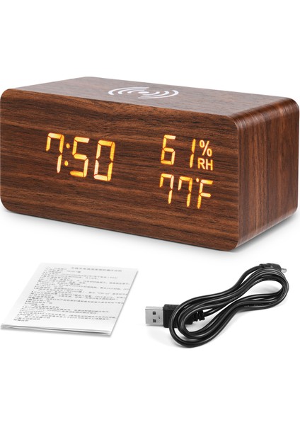 Dijital Çalar Saat, Sıcaklık ve Nem Çalar Saat LED Elektronik Saat Akıllı Telefon Kablosuz Şarj Cihazı (Kahverengi) (Yurt Dışından)