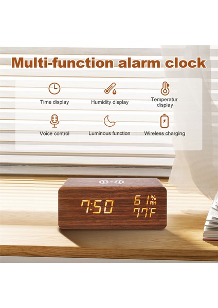 Dijital Çalar Saat, Sıcaklık ve Nem Çalar Saat LED Elektronik Saat Akıllı Telefon Kablosuz Şarj Cihazı (Kahverengi) (Yurt Dışından)