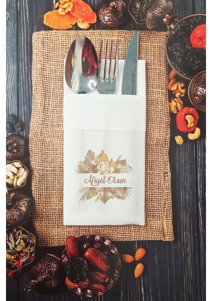 Kumaş Dokulu Afiyet Olsun Yazılı Ramazan Peçetesi Cepli Peçete 6 Adet