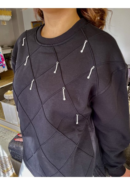 NN Design Taş Detaylı Siyah Gömlek Sweatshirt