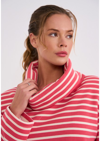 La Sarta Stripe Lover Kadın Pembe Beyaz Boğazlı Çizgili Crop Sweat