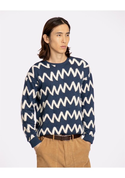 Far Afield Drop Shoulder Knıt - Zıg Bisiklet Yaka Standart Kesim Zigzag Desen Erkek Triko Kazak - Lacivert