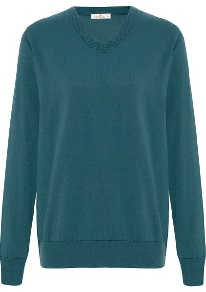 Mateo V Neck Pullover Yumuşak Tuşeli Mevsimlik Erkek Triko Kazak - Turkuaz